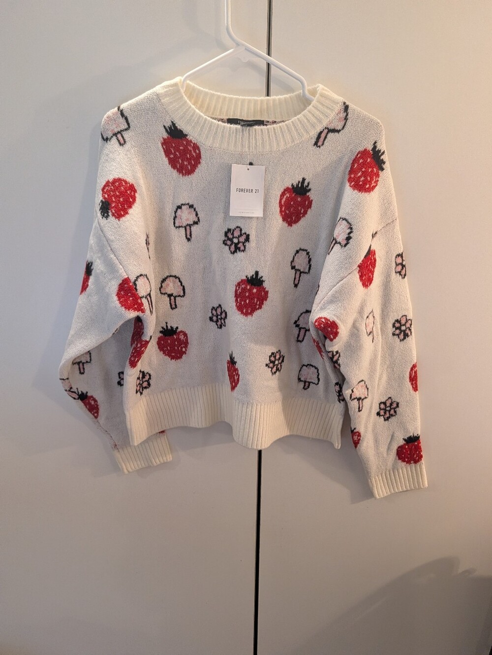 Forever 21 Cream Crewneck Sweater with Red Strawberry & Pink Mushroom Motifs